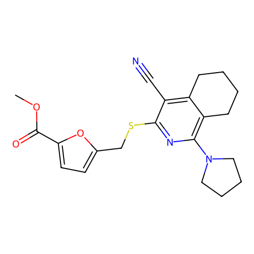 methyl 5-(((4-cyano-1-(pyrrolidin-1-yl)-5,6,7,8-tetrahydroisoquinolin-3-yl)thio)methyl)furan-2-carboxylate structure