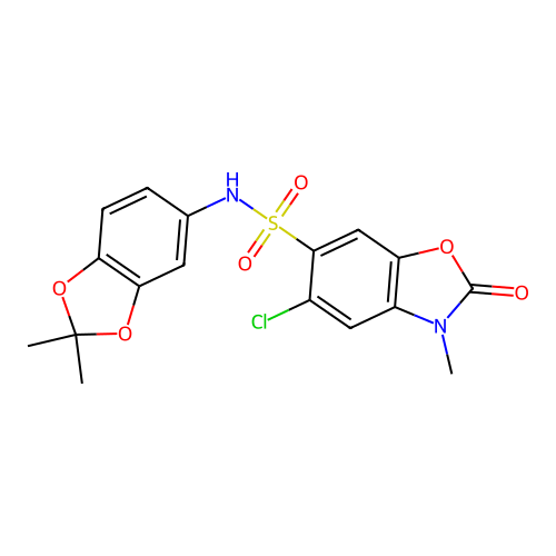 5-chloro-N-(2,2-dimethyl-1,3-benzodioxol-5-yl)-3-methyl-2-oxo-2,3-dihydro-1,3-benzoxazole-6-sulfonamide structure