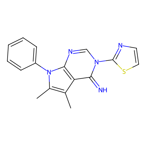 5,6-dimethyl-7-phenyl-3-(thiazol-2-yl)-3H-pyrrolo[2,3-d]pyrimidin-4(7H)-imine structure