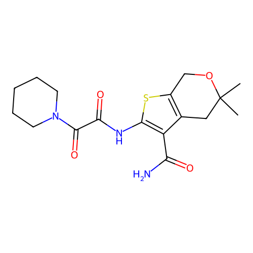 5,5-dimethyl-2-(2-oxo-2-(piperidin-1-yl)acetamido)-5,7-dihydro-4H-thieno[2,3-c]pyran-3-carboxamide structure