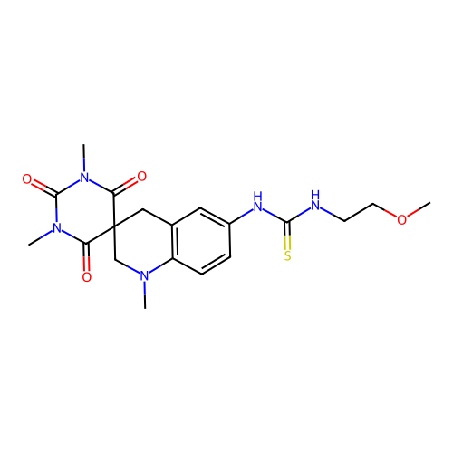 1-(2-methoxyethyl)-3-(1,1',3-trimethyl-2,4,6-trioxo-1,1',3,4,4',6-hexahydro-2H,2'H-spiro[pyrimidine-5,3'-quinolin]-6'-yl)thiourea structure