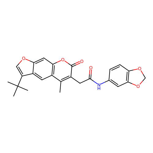N-(1,3-benzodioxol-5-yl)-2-(3-tert-butyl-5-methyl-7-oxofuro[3,2-g]chromen-6-yl)acetamide structure