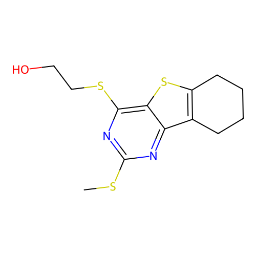 2-((2-(methylthio)-6,7,8,9-tetrahydrobenzo[4,5]thieno[3,2-d]pyrimidin-4-yl)thio)ethanol structure
