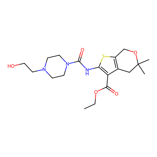 ethyl 2-({[4-(2-hydroxyethyl)piperazin-1-yl]carbonyl}amino)-5,5-dimethyl-4,7-dihydro-5H-thieno[2,3-c]pyran-3-carboxylate structure