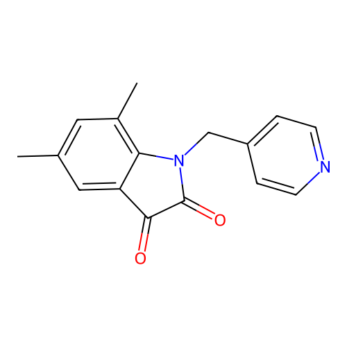 5,7-dimethyl-1-(pyridin-4-ylmethyl)-1H-indole-2,3-dione structure