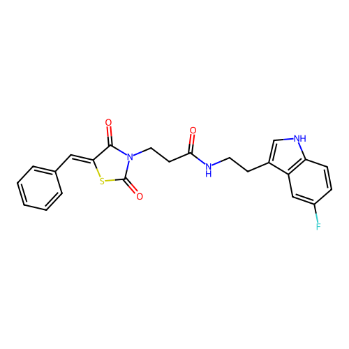 3-[(5Z)-5-benzylidene-2,4-dioxo-1,3-thiazolidin-3-yl]-N-[2-(5-fluoro-1H-indol-3-yl)ethyl]propanamide structure