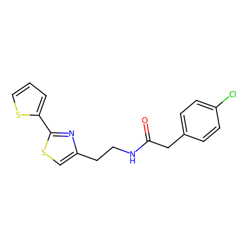 2-(4-chlorophenyl)-N-{2-[2-(thiophen-2-yl)-1,3-thiazol-4-yl]ethyl}acetamide structure