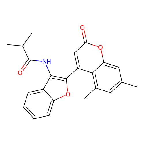 N-[2-(5,7-dimethyl-2-oxo-2H-chromen-4-yl)-1-benzofuran-3-yl]-2-methylpropanamide structure