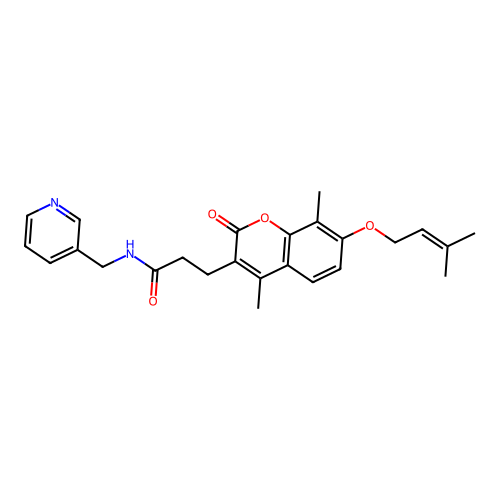 3-(4,8-dimethyl-7-((3-methylbut-2-en-1-yl)oxy)-2-oxo-2H-chromen-3-yl)-N-(pyridin-3-ylmethyl)propanamide structure