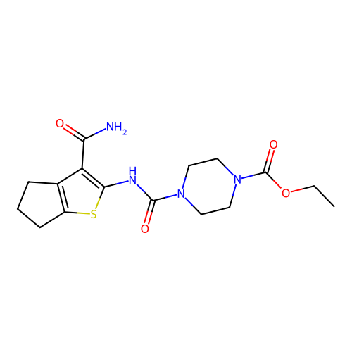 ethyl 4-[(3-carbamoyl-5,6-dihydro-4H-cyclopenta[b]thiophen-2-yl)carbamoyl]piperazine-1-carboxylate structure