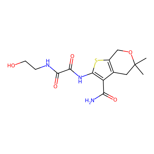 N'-(3-carbamoyl-5,5-dimethyl-4,7-dihydrothieno[2,3-c]pyran-2-yl)-N-(2-hydroxyethyl)oxamide structure