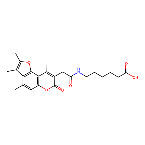 6-(2-(2,3,4,9-tetramethyl-7-oxo-7H-furo[2,3-f]chromen-8-yl)acetamido)hexanoic acid structure