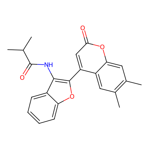 N-[2-(6,7-dimethyl-2-oxo-2H-chromen-4-yl)-1-benzofuran-3-yl]-2-methylpropanamide structure