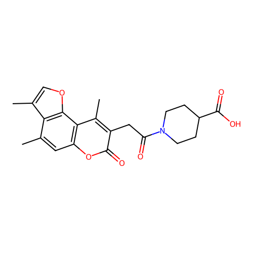 1-(2-(3,4,9-trimethyl-7-oxo-7H-furo[2,3-f]chromen-8-yl)acetyl)piperidine-4-carboxylic acid structure