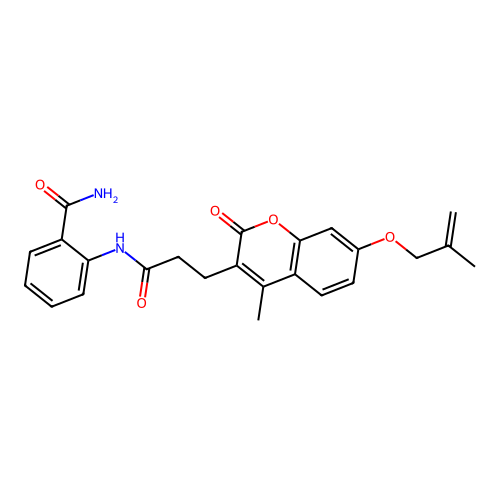 2-(3-(4-methyl-7-((2-methylallyl)oxy)-2-oxo-2H-chromen-3-yl)propanamido)benzamide structure