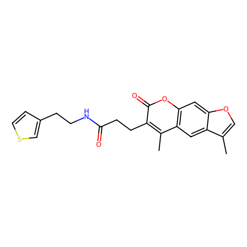 3-(3,5-dimethyl-7-oxo-7H-furo[3,2-g]chromen-6-yl)-N-(2-(thiophen-3-yl)ethyl)propanamide structure