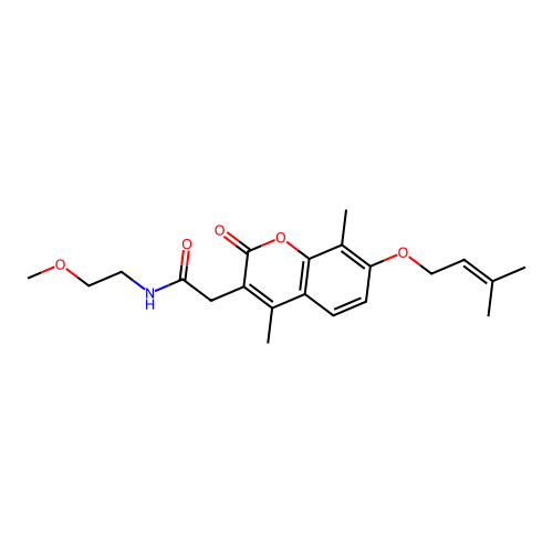 2-(4,8-dimethyl-7-((3-methylbut-2-en-1-yl)oxy)-2-oxo-2H-chromen-3-yl)-N-(2-methoxyethyl)acetamide structure