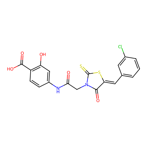 4-({[(5Z)-5-(3-chlorobenzylidene)-4-oxo-2-thioxo-1,3-thiazolidin-3-yl]acetyl}amino)-2-hydroxybenzoic acid structure
