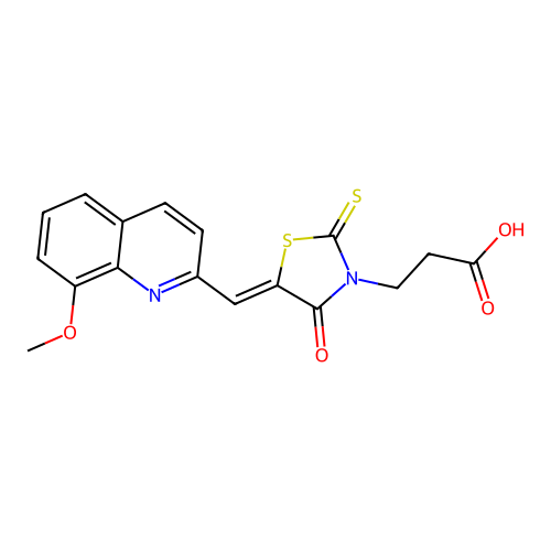 (Z)-3-(5-((8-methoxyquinolin-2-yl)methylene)-4-oxo-2-thioxothiazolidin-3-yl)propanoic acid structure
