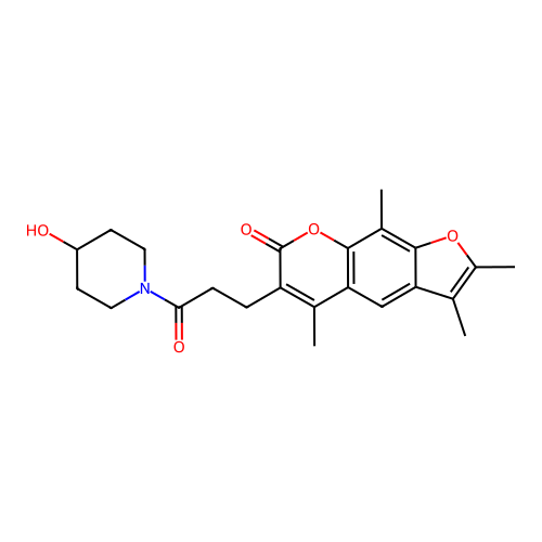 6-(3-(4-hydroxypiperidin-1-yl)-3-oxopropyl)-2,3,5,9-tetramethyl-7H-furo[3,2-g]chromen-7-one structure