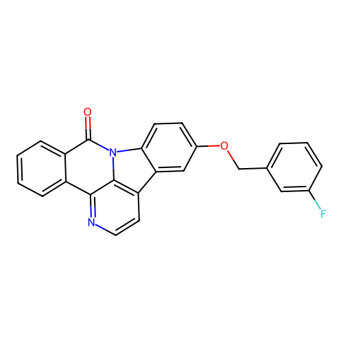 12-((3-fluorobenzyl)oxy)-8H-benzo[c]indolo[3,2,1-ij][1,5]naphthyridin-8-one structure