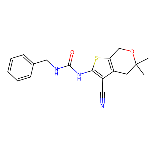 1-benzyl-3-(3-cyano-5,5-dimethyl-4,7-dihydro-5H-thieno[2,3-c]pyran-2-yl)urea structure