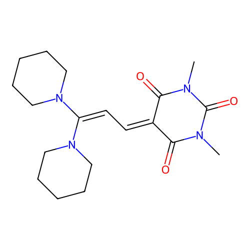 5-(3,3-di(piperidin-1-yl)allylidene)-1,3-dimethylpyrimidine-2,4,6(1H,3H,5H)-trione structure