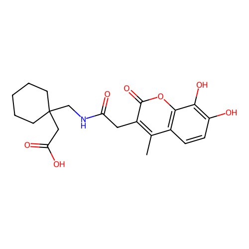 2-(1-((2-(7,8-dihydroxy-4-methyl-2-oxo-2H-chromen-3-yl)acetamido)methyl)cyclohexyl)acetic acid structure