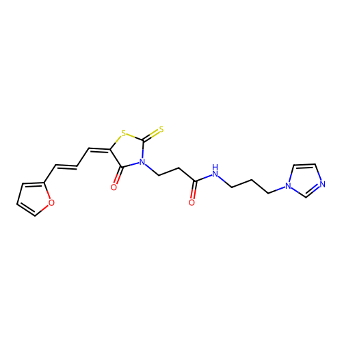 3-[(5E)-5-[(E)-3-(furan-2-yl)prop-2-enylidene]-4-oxo-2-sulfanylidene-1,3-thiazolidin-3-yl]-N-(3-imidazol-1-ylpropyl)propanamide structure