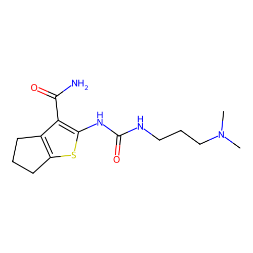 2-(3-(3-(dimethylamino)propyl)ureido)-5,6-dihydro-4H-cyclopenta[b]thiophene-3-carboxamide structure