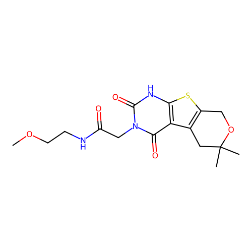 2-(2-hydroxy-6,6-dimethyl-4-oxo-5,8-dihydro-4H-pyrano[4',3':4,5]thieno[2,3-d]pyrimidin-3(6H)-yl)-N-(2-methoxyethyl)acetamide structure