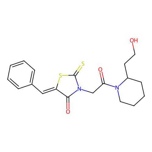 (5Z)-5-benzylidene-3-[2-[2-(2-hydroxyethyl)piperidin-1-yl]-2-oxoethyl]-2-sulfanylidene-1,3-thiazolidin-4-one structure