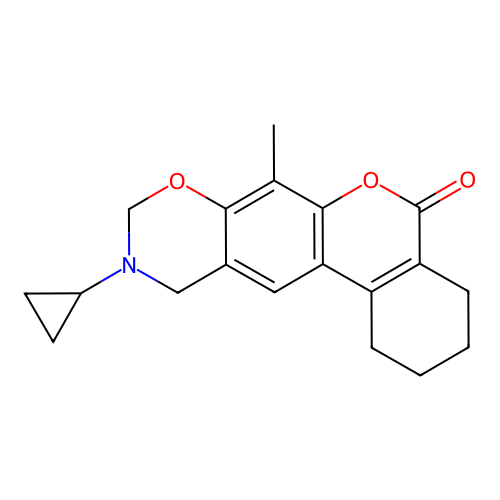10-cyclopropyl-7-methyl-1,2,3,4,9,11-hexahydroisochromeno[4,3-g][1,3]benzoxazin-5-one structure