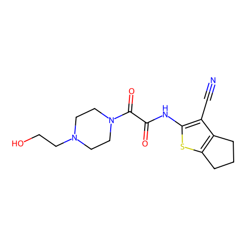 N-(3-cyano-5,6-dihydro-4H-cyclopenta[b]thiophen-2-yl)-2-[4-(2-hydroxyethyl)piperazin-1-yl]-2-oxoacetamide structure