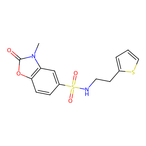 3-methyl-2-oxo-N-(2-thiophen-2-ylethyl)-1,3-benzoxazole-5-sulfonamide structure