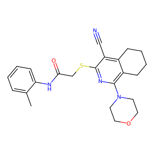 2-((4-cyano-1-morpholino-5,6,7,8-tetrahydroisoquinolin-3-yl)thio)-N-(o-tolyl)acetamide structure