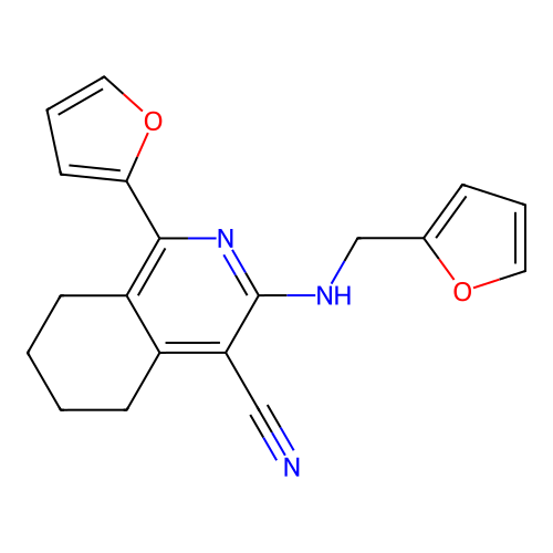 1-(furan-2-yl)-3-[(furan-2-ylmethyl)amino]-5,6,7,8-tetrahydroisoquinoline-4-carbonitrile structure