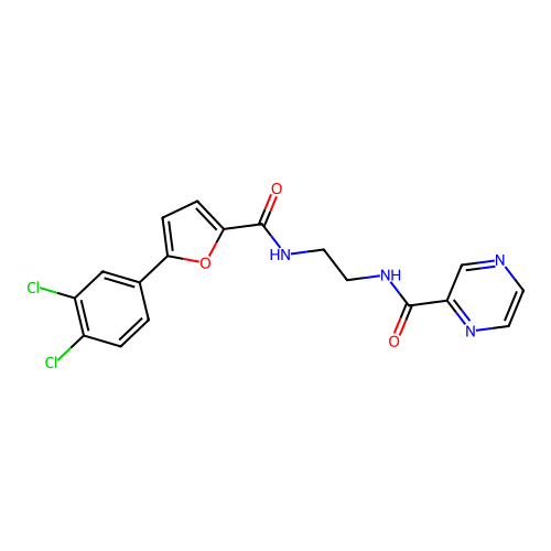 N-(2-(5-(3,4-dichlorophenyl)furan-2-carboxamido)ethyl)pyrazine-2-carboxamide structure