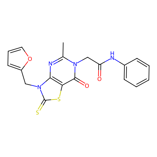 2-(3-(furan-2-ylmethyl)-5-methyl-7-oxo-2-thioxo-2,3-dihydrothiazolo[4,5-d]pyrimidin-6(7H)-yl)-N-phenylacetamide structure