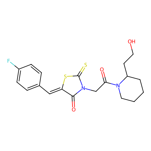 (5Z)-5-(4-fluorobenzylidene)-3-{2-[2-(2-hydroxyethyl)piperidin-1-yl]-2-oxoethyl}-2-thioxo-1,3-thiazolidin-4-one structure