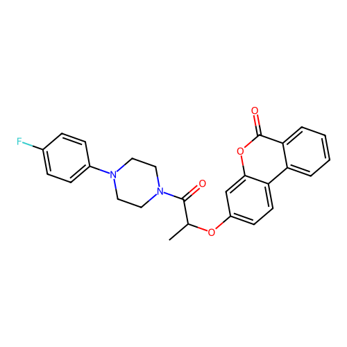 3-((1-(4-(4-fluorophenyl)piperazin-1-yl)-1-oxopropan-2-yl)oxy)-6H-benzo[c]chromen-6-one structure