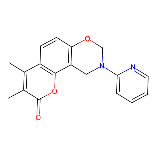3,4-dimethyl-9-(pyridin-2-yl)-9,10-dihydro-2H,8H-chromeno[8,7-e][1,3]oxazin-2-one structure
