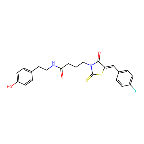 4-[(5Z)-5-(4-fluorobenzylidene)-4-oxo-2-thioxo-1,3-thiazolidin-3-yl]-N-[2-(4-hydroxyphenyl)ethyl]butanamide structure