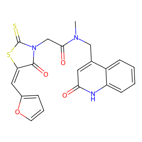 (E)-2-(5-(furan-2-ylmethylene)-4-oxo-2-thioxothiazolidin-3-yl)-N-((2-hydroxyquinolin-4-yl)methyl)-N-methylacetamide structure
