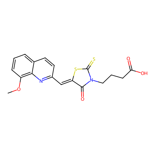 (Z)-4-(5-((8-methoxyquinolin-2-yl)methylene)-4-oxo-2-thioxothiazolidin-3-yl)butanoic acid structure