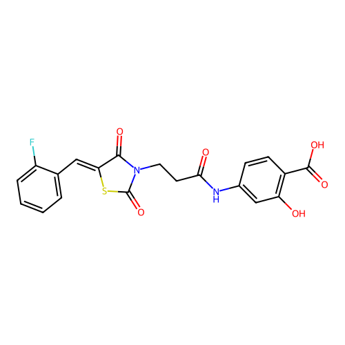 4-({3-[(5Z)-5-(2-fluorobenzylidene)-2,4-dioxo-1,3-thiazolidin-3-yl]propanoyl}amino)-2-hydroxybenzoic acid structure