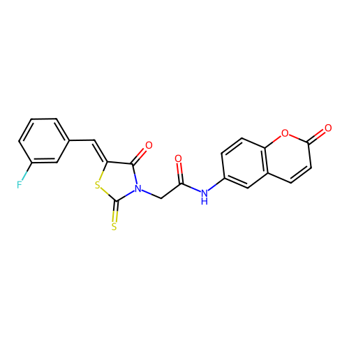 (Z)-2-(5-(3-fluorobenzylidene)-4-oxo-2-thioxothiazolidin-3-yl)-N-(2-oxo-2H-chromen-6-yl)acetamide structure