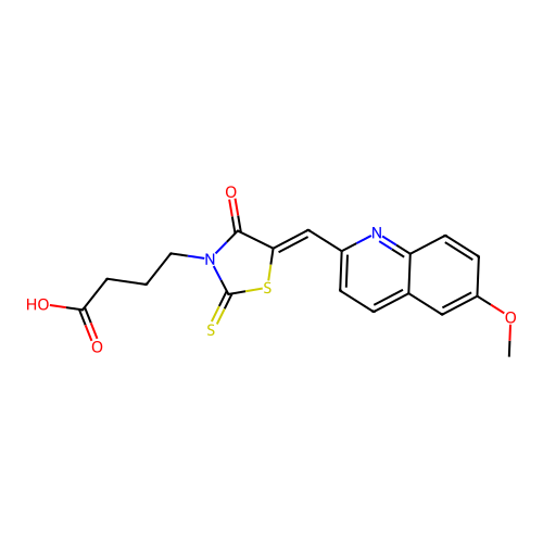 (Z)-4-(5-((6-methoxyquinolin-2-yl)methylene)-4-oxo-2-thioxothiazolidin-3-yl)butanoic acid structure