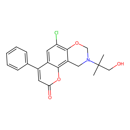 6-chloro-9-(1-hydroxy-2-methylpropan-2-yl)-4-phenyl-9,10-dihydro-2H,8H-chromeno[8,7-e][1,3]oxazin-2-one structure