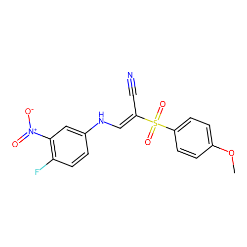 (2E)-3-[(4-fluoro-3-nitrophenyl)amino]-2-[(4-methoxyphenyl)sulfonyl]prop-2-enenitrile structure
